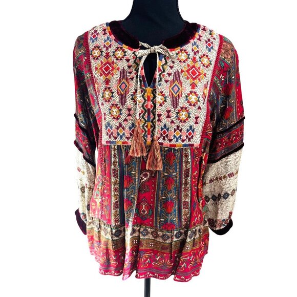 John Mark Boho Multicolor Floral Patchwork Blouse S Velvet Accents L/S Tassel - Picture 2 of 10